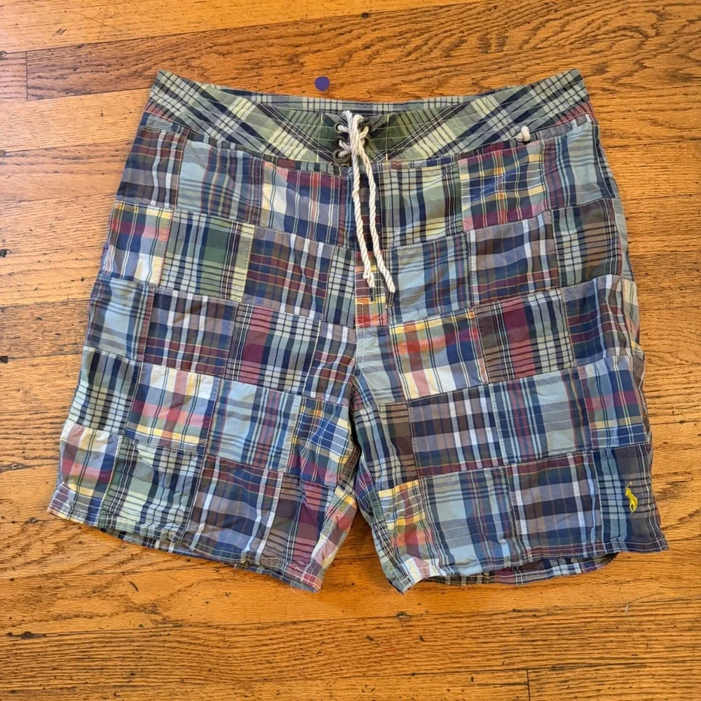Polo Ralph Lauren Mens Patchwork Madras Plaid Swim Trunks Board Shorts Size 36